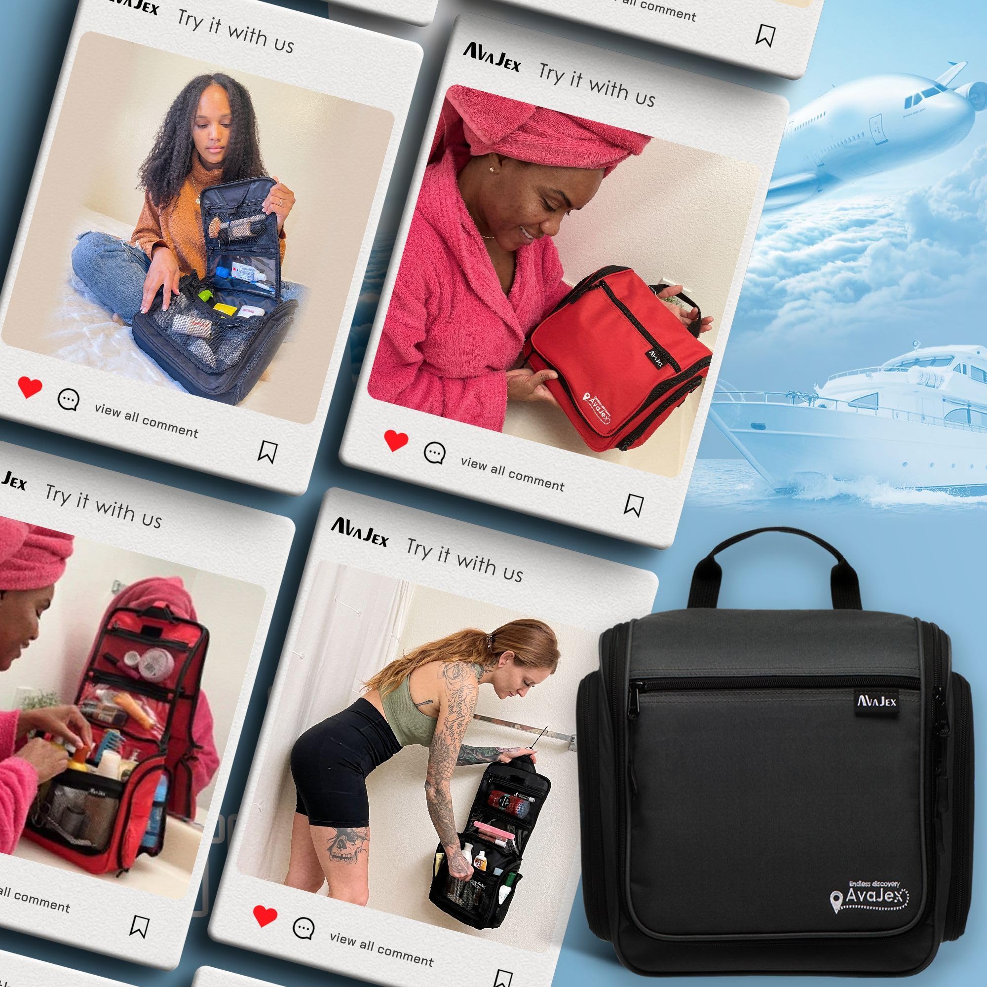 AvaJex travel toiletry bag carry-on friendly size fits in luggage.