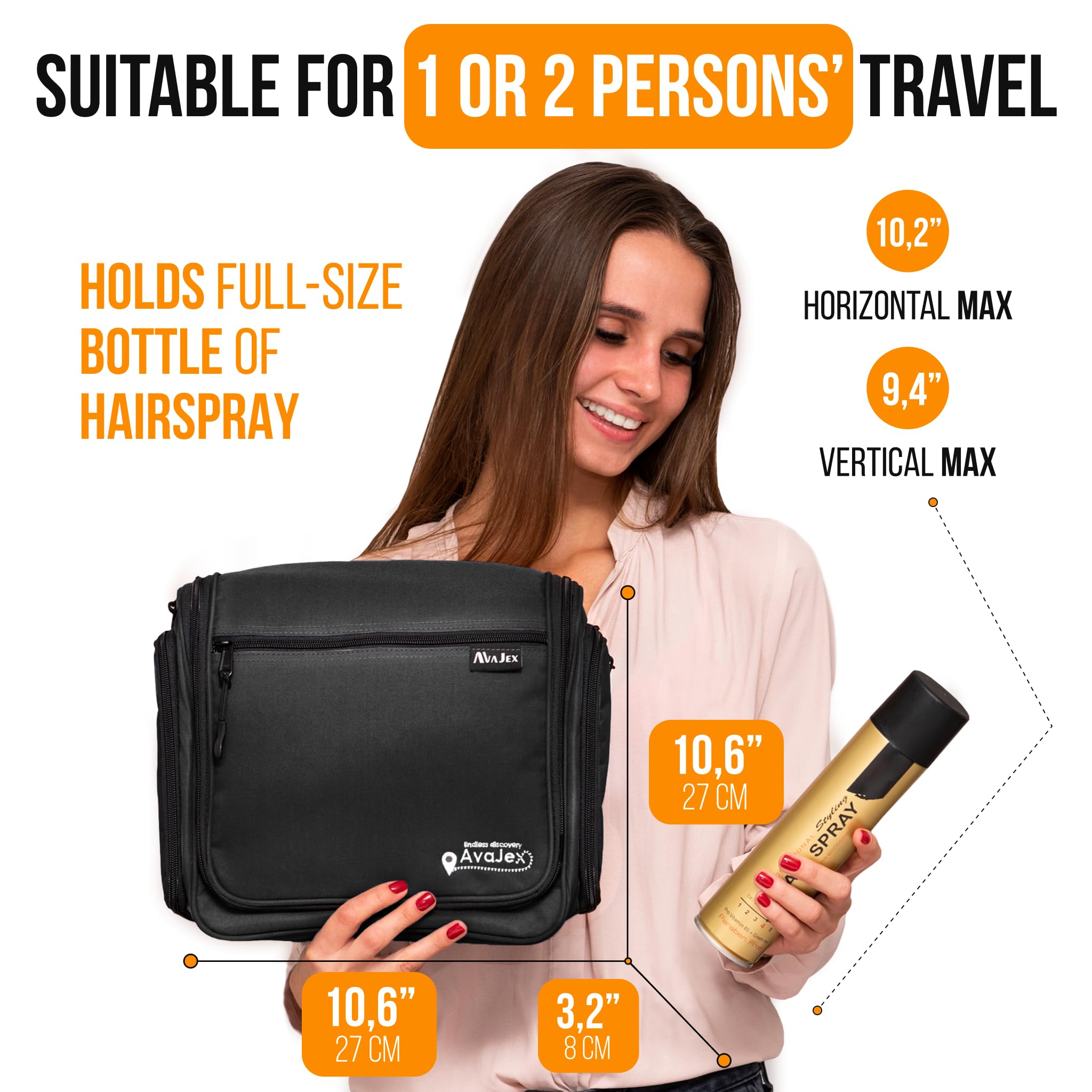 AvaJex travel toiletry bag durable zippers enhance longevity on trips.