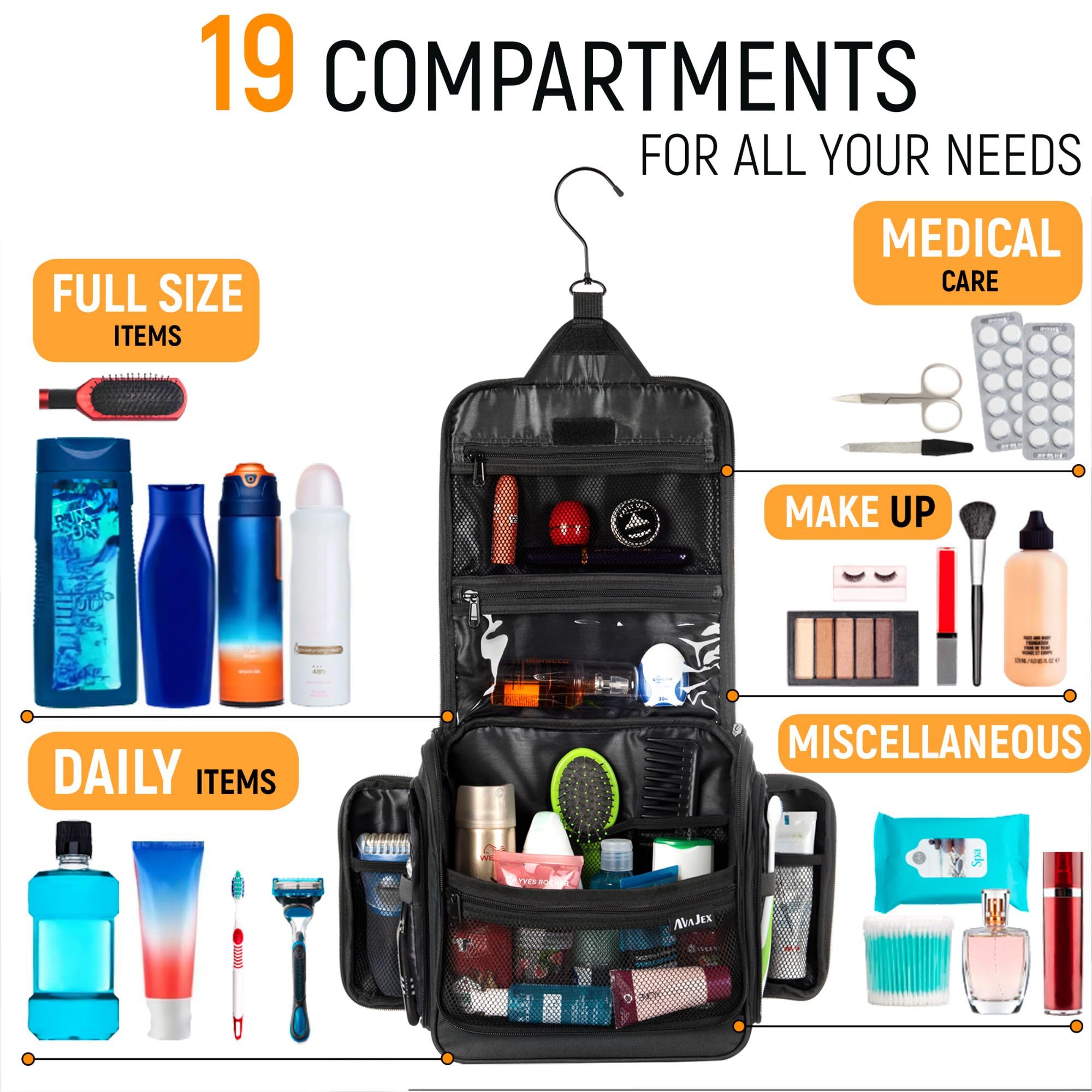 AvaJex travel toiletry bag full-size bottles fit without crowding.