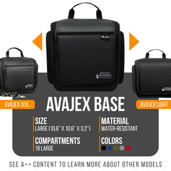 AvaJex travel toiletry bag metal XXL hook keeps your bag ready for hanging.