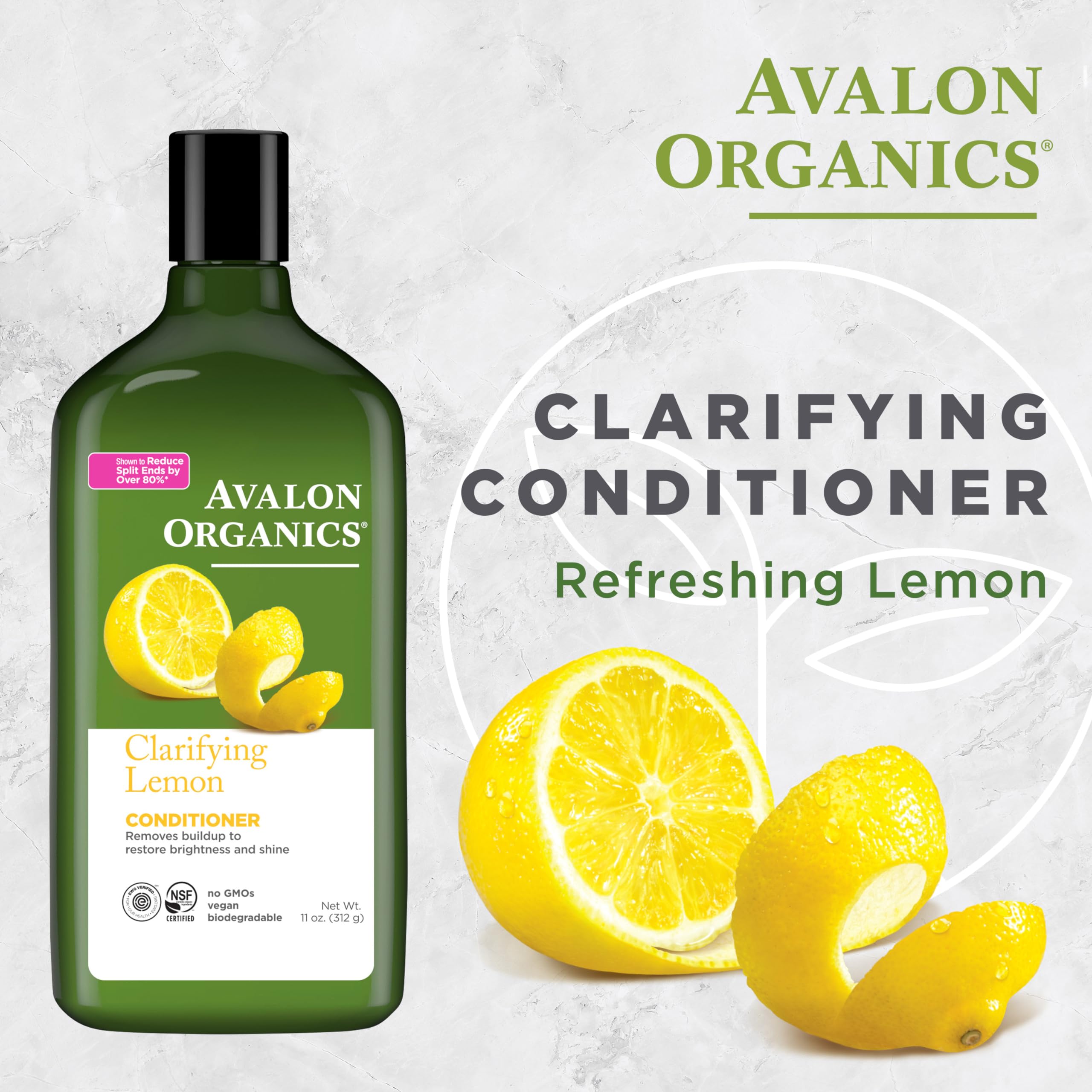 Etiqueta del acondicionador Avalon Organics, destacan ingredientes naturales y ética de marca.