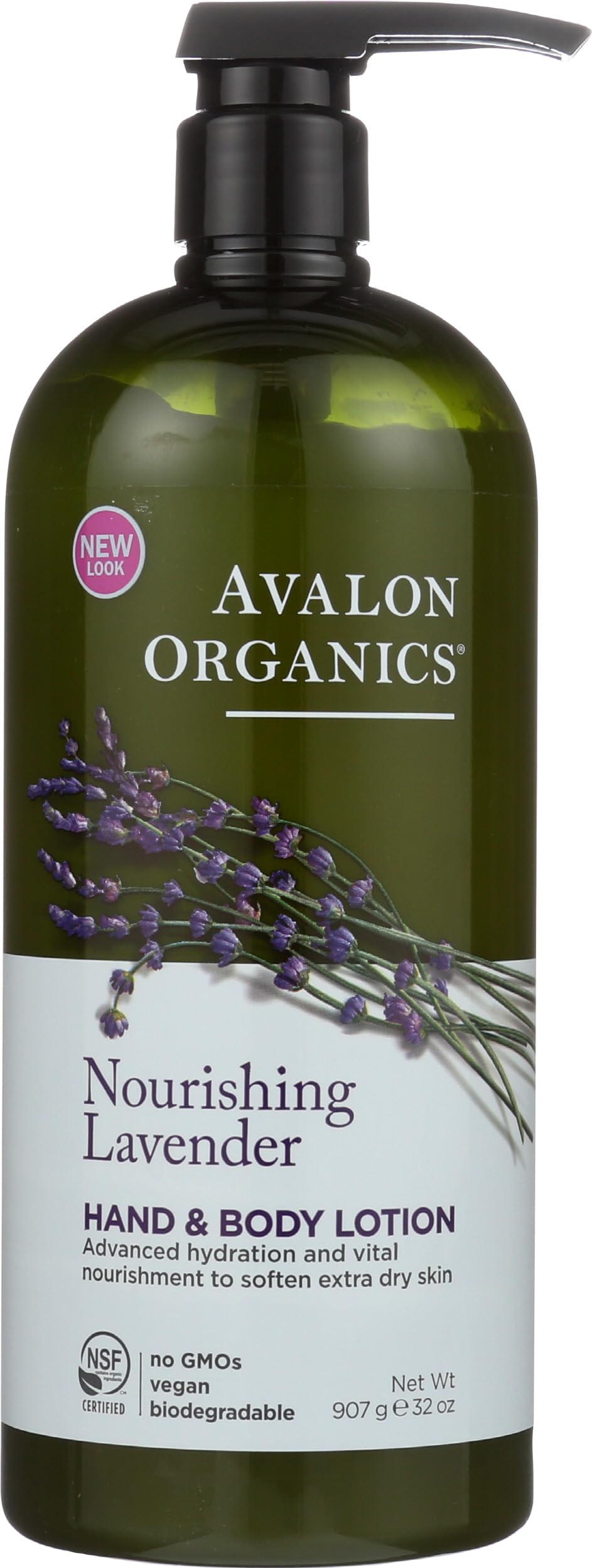 Avalon Organics Nourishing Lavender lotion bottle—32 oz for deep hydration.