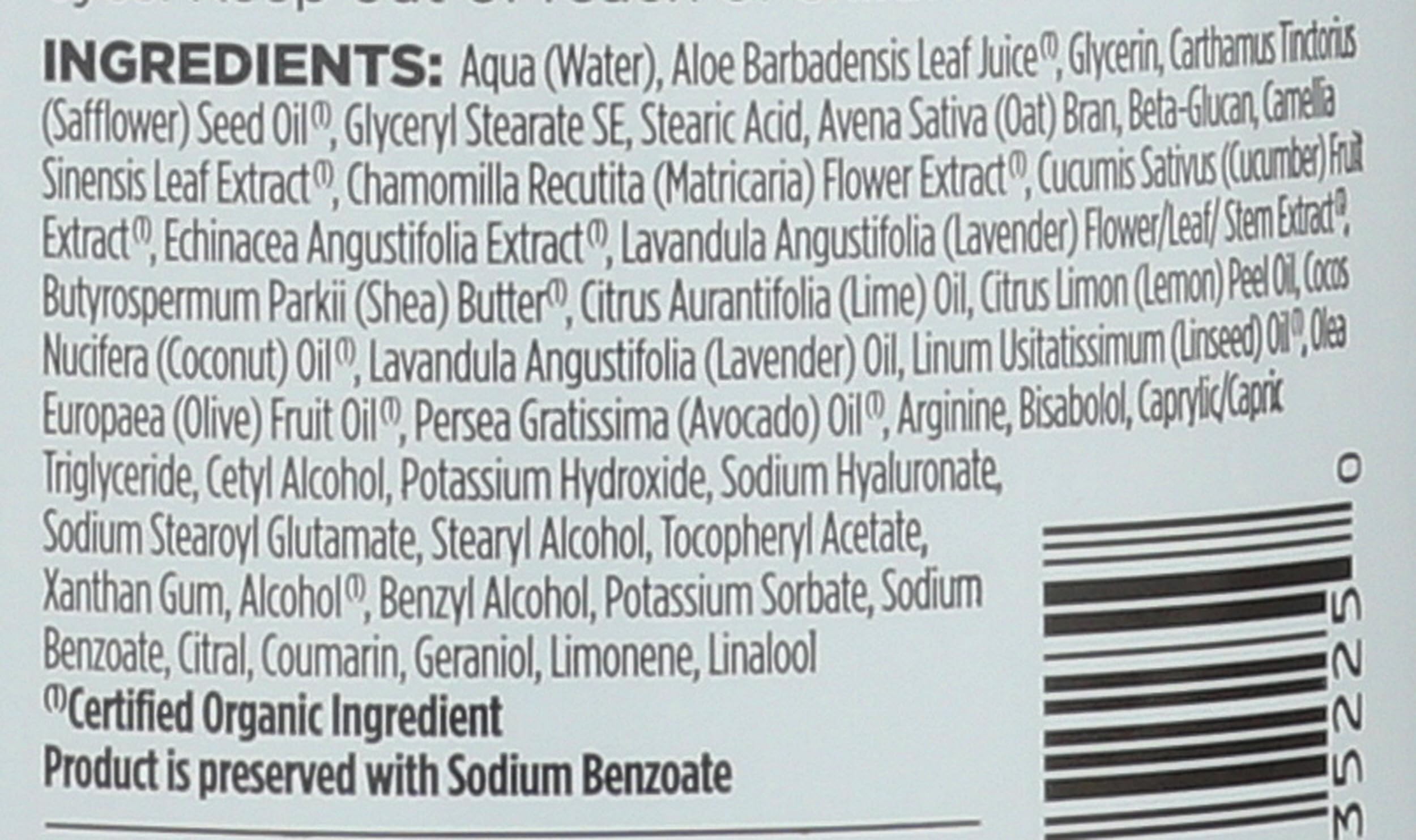 Avalon Organics lavender lotion ingredients closeup—aloe and lavender nourish the skin.