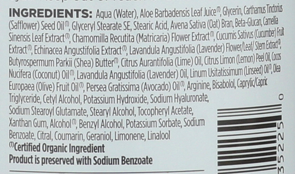 Avalon Organics lavender lotion ingredients closeup—aloe and lavender nourish the skin.