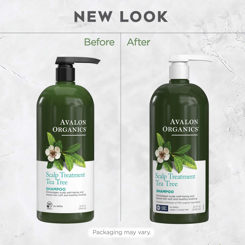 Avalon Organics Scalp Treatment Tea Tree Shampoo bottle with pump for easy daily use.