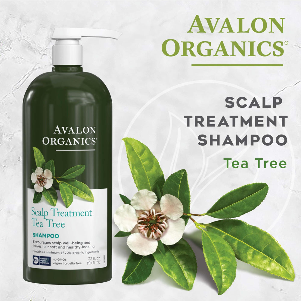 Recycled bottle of Avalon Organics Scalp Treatment Tea Tree Shampoo, supporting sustainable packaging.