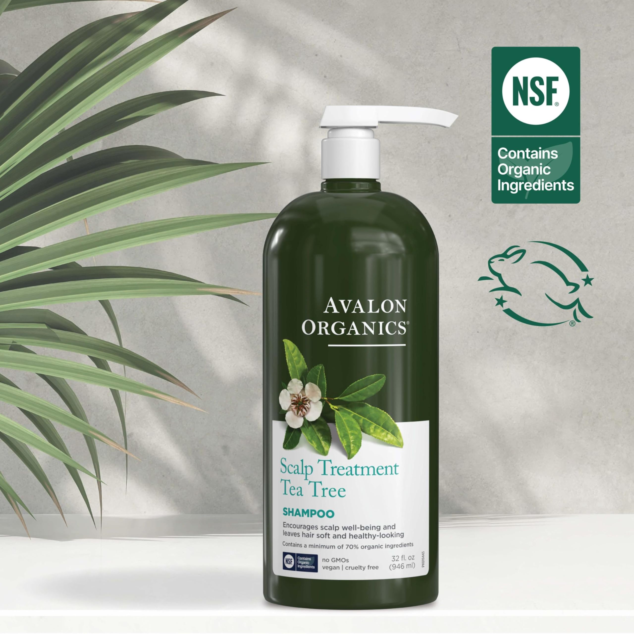 Cruelty-free Avalon Organics Scalp Treatment Tea Tree Shampoo display on a shelf.