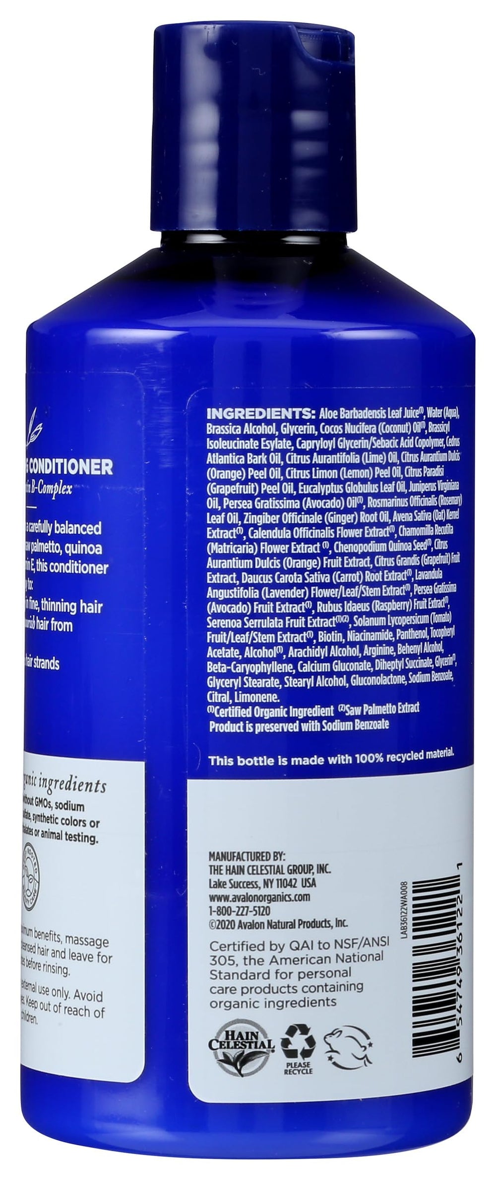 Avalon Organics Therapy Biotin B-Complex; etiqueta visible con ingredientes orgánicos de calidad