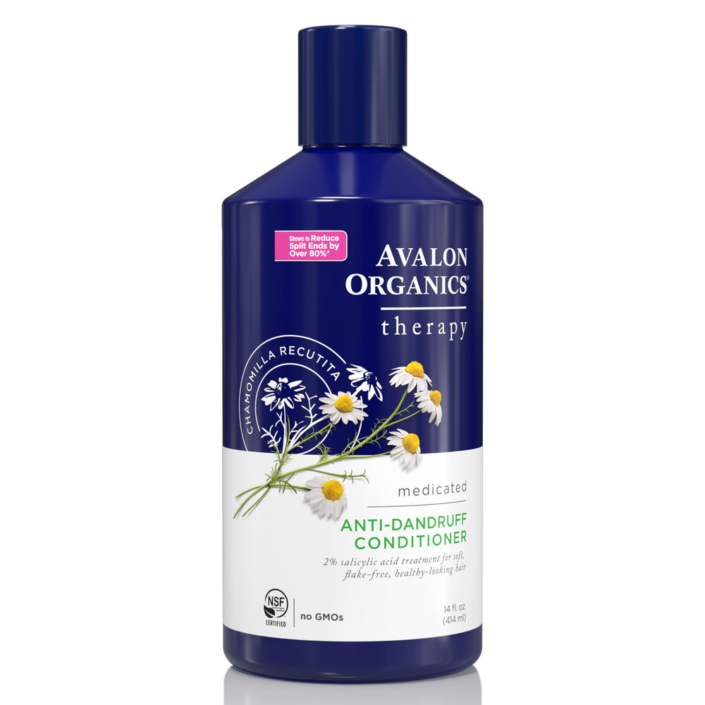 Avalon Organics Therapy acondicionador anticaspa, botella en primer plano, cabello suave.