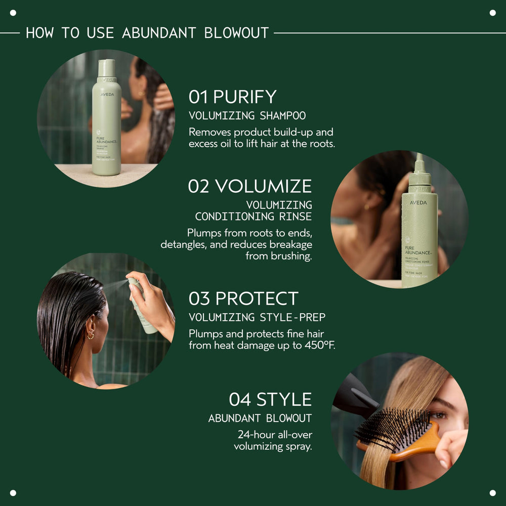 During blow-dry, Aveda Abundant Blowout delivers lasting fullness and lift.