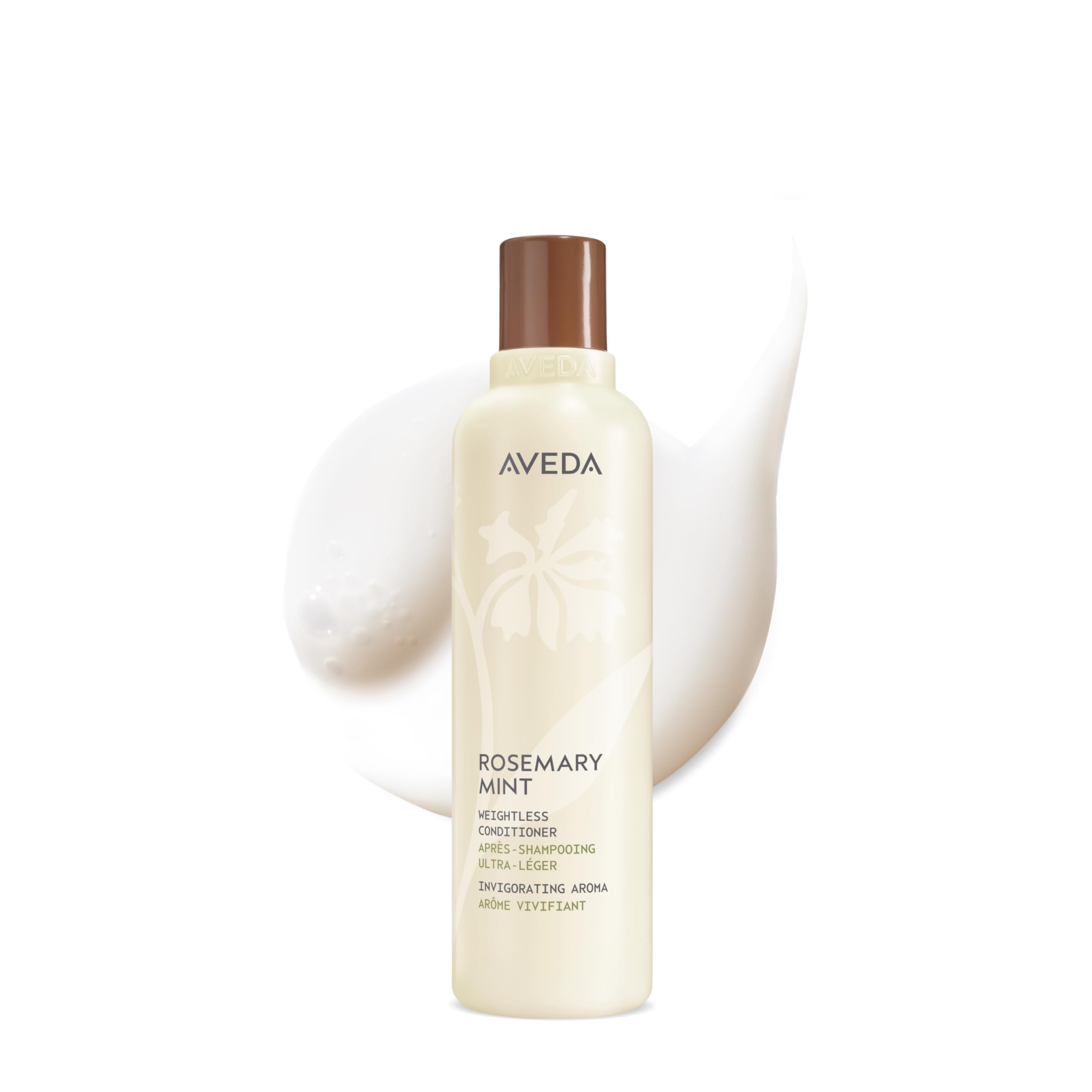 Aveda Acondicionador Romero y Menta, botella, cabello ligero con brillo.