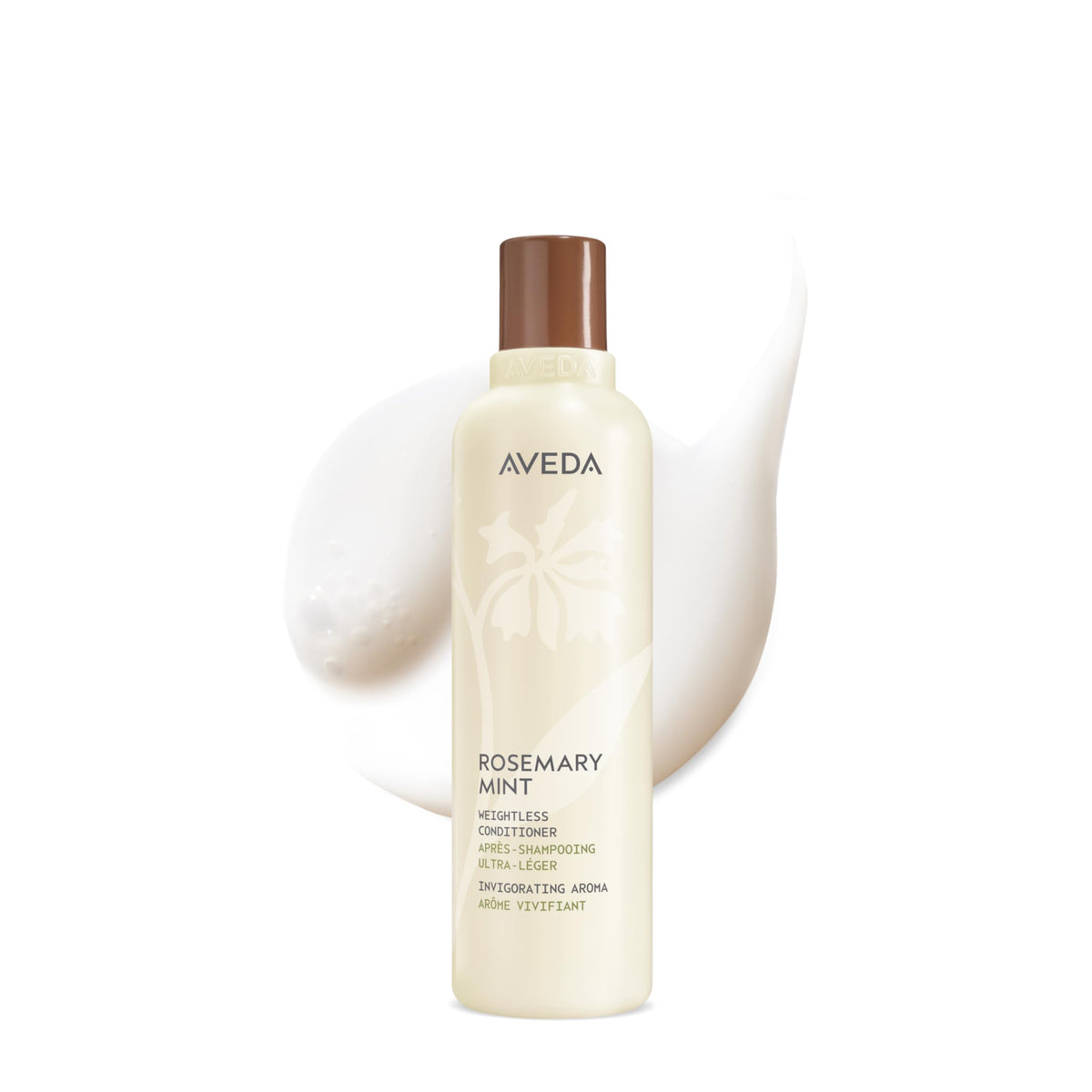 Aveda Acondicionador Romero y Menta, botella, cabello ligero con brillo.
