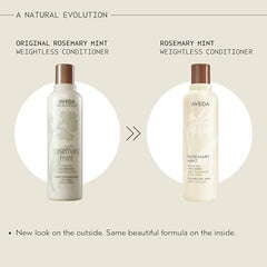 Aveda Acondicionador Romero y Menta, detalle de etiqueta con ingredientes naturales.