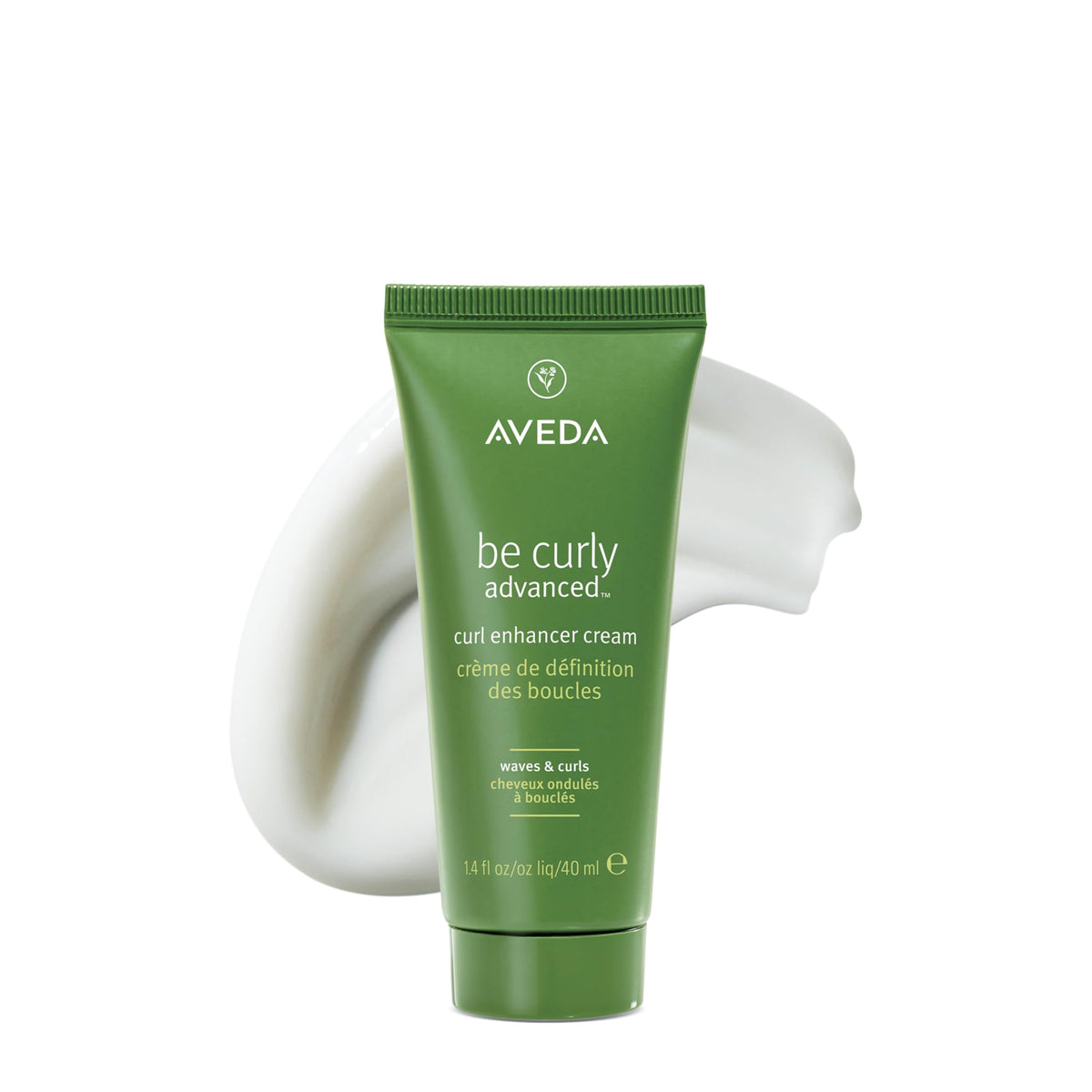 Aveda Be Curly Advanced Curl Enhancer bottle shows silicone-free frizz control and shine.