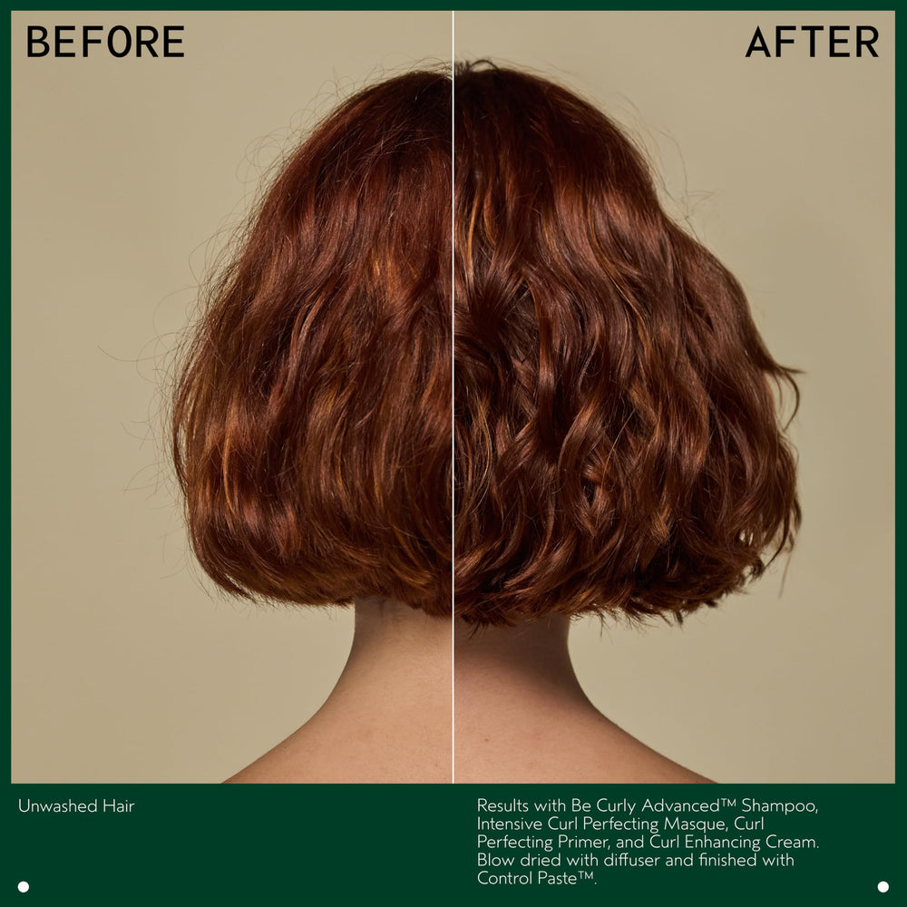 Aveda Be Curly Advanced Curl Enhancer peptides close-up emphasizes strengthened curls.