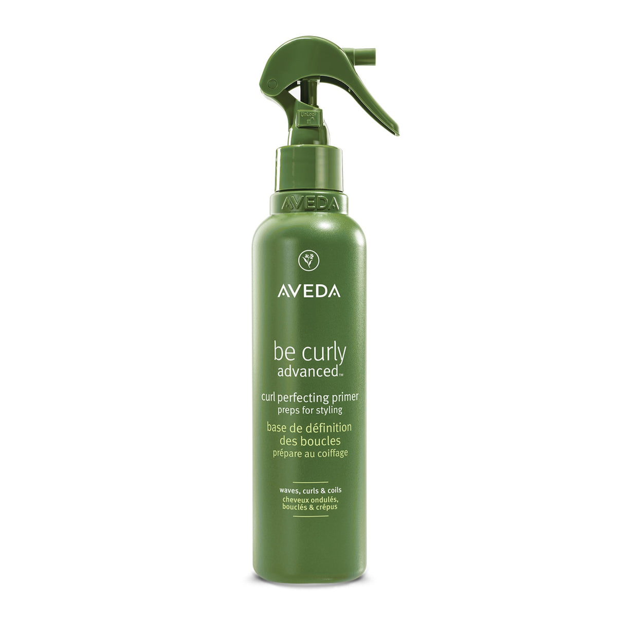 Aveda Be Curly primer bottle showcasing detangling and frizz control for curls.