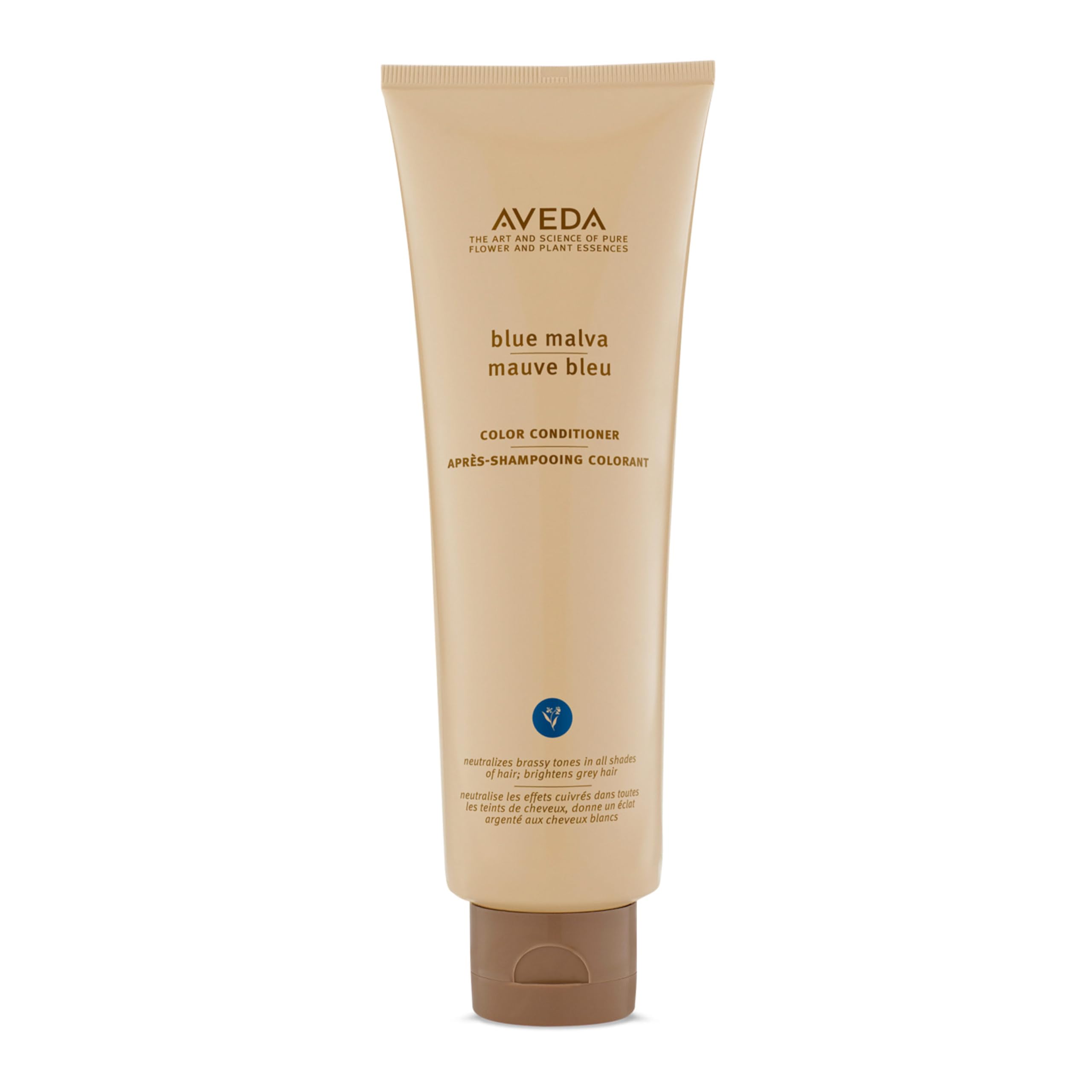 Aveda Blue Malva Color Conditioner bottle shows violet tint that neutralizes brassiness
