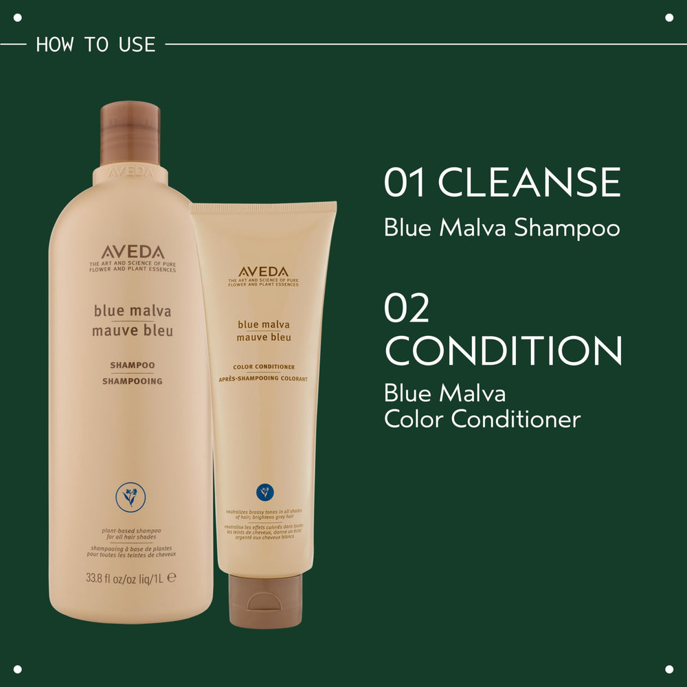 Aveda Blue Malva Shampoo highlights blue malva and coneflower ingredients.