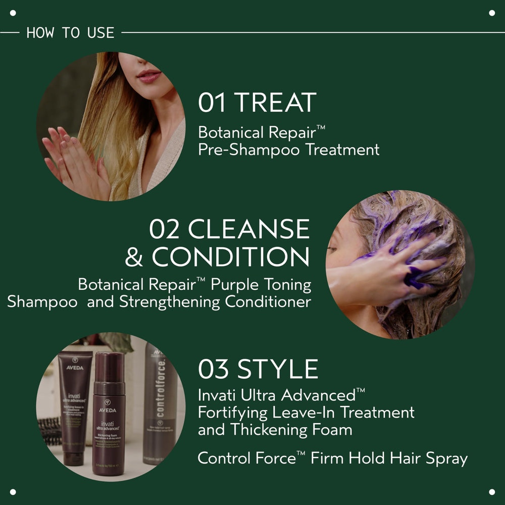 Aveda bottle on the counter emphasizes plant-derived bond-building for stronger hair.