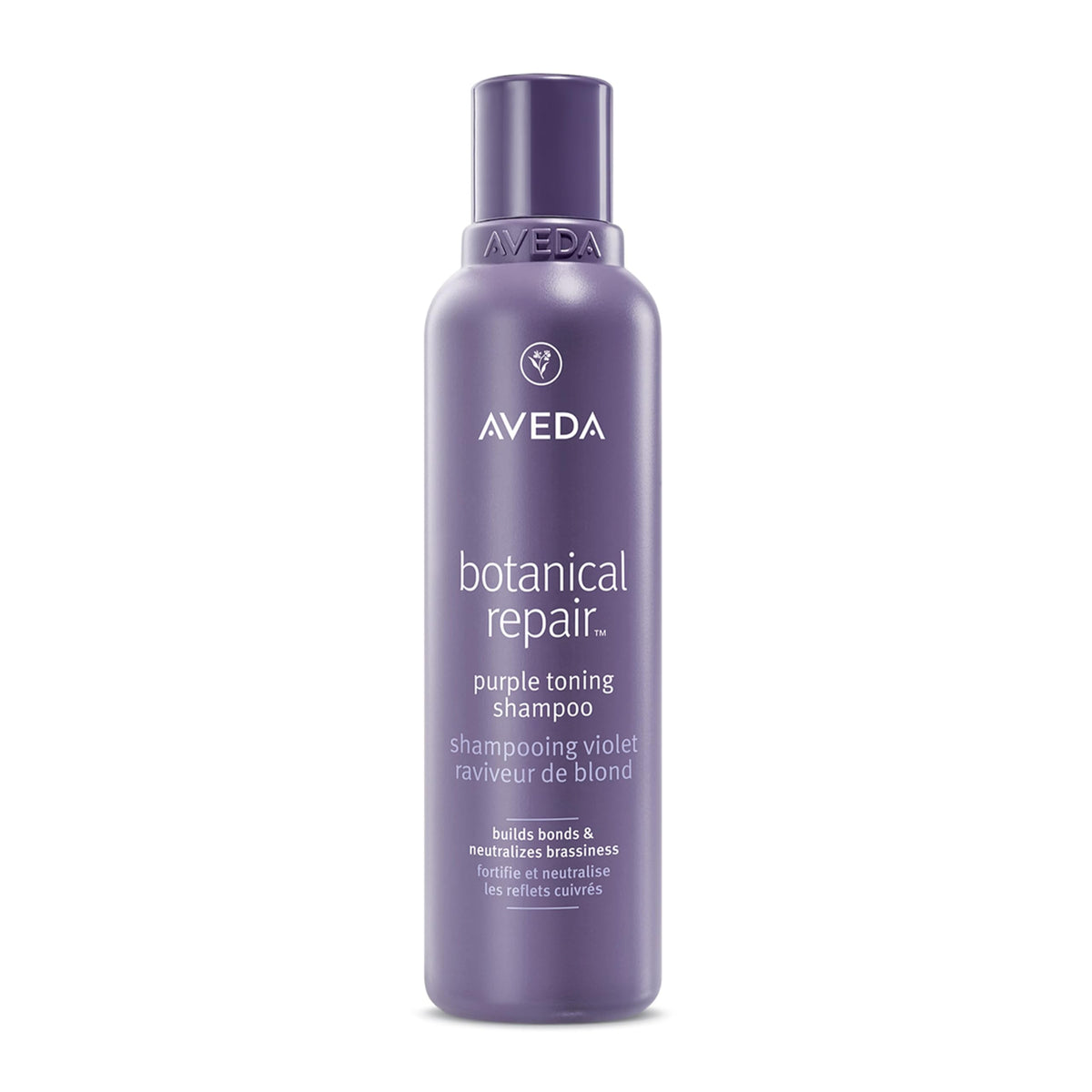 Aveda Botanical Repair Purple Toning Shampoo bottle neutralizing brassiness in blonde hair.