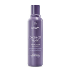 Aveda Botanical Repair Purple Toning Shampoo bottle neutralizing brassiness in blonde hair.