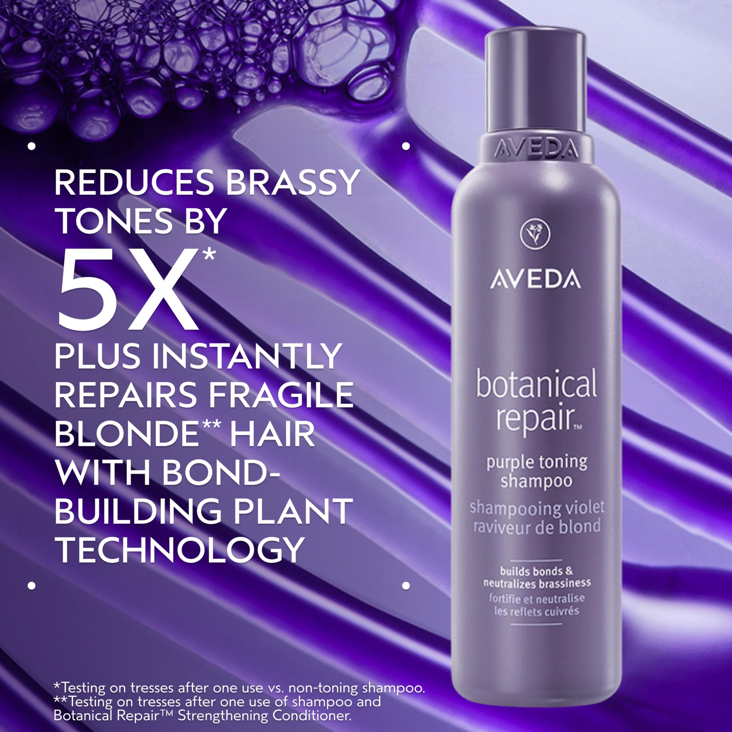Close-up of Aveda purple toning shampoo lather brightening silver and grey hair.