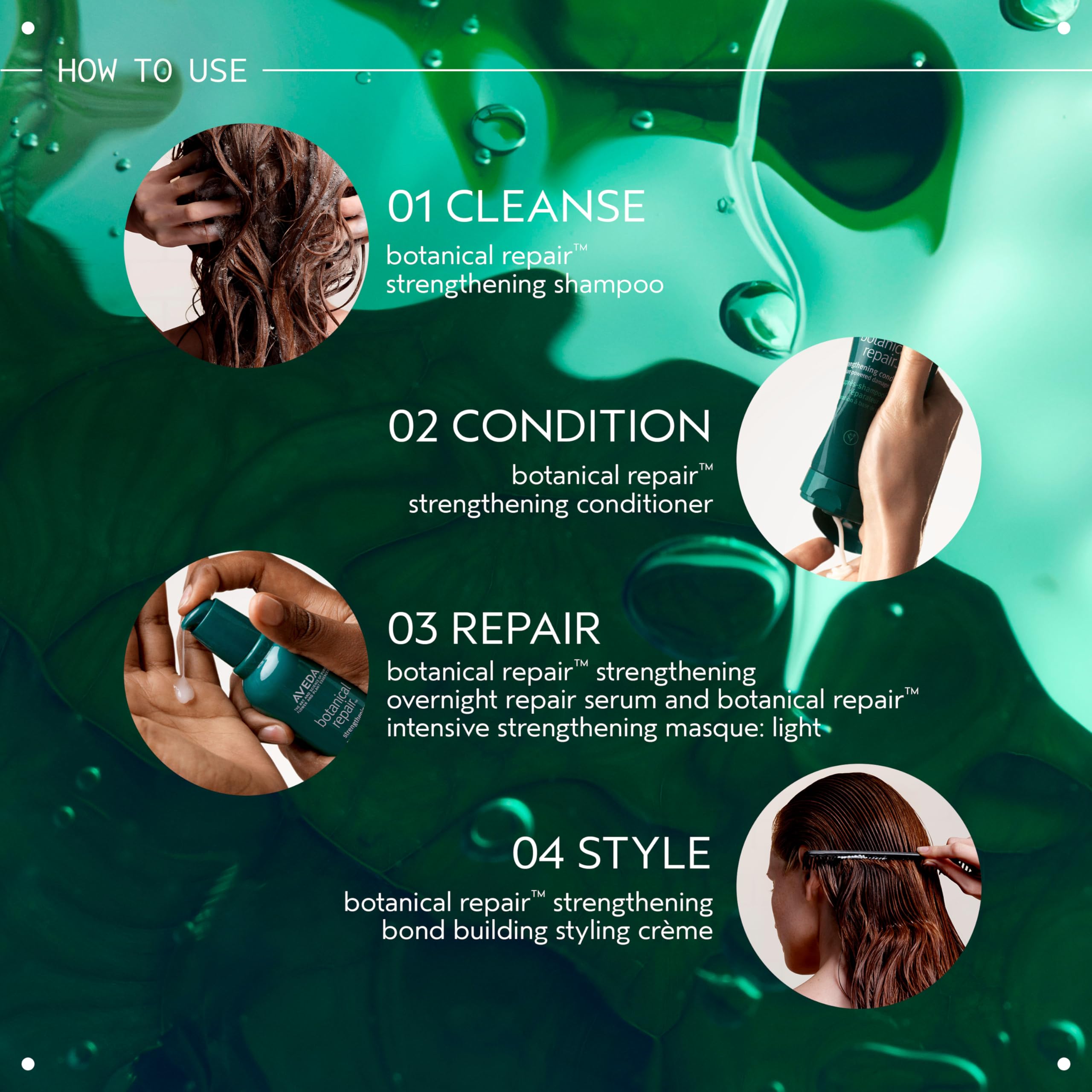 Aveda Botanical Repair shampoo pour close-up suggesting gentle cleansing and bond care