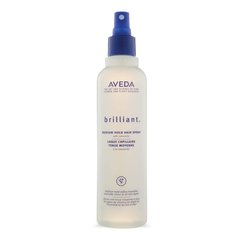 Aveda Brilliant Medium Hold Spray bottle front view showing brand and shiny finish for all hair types.