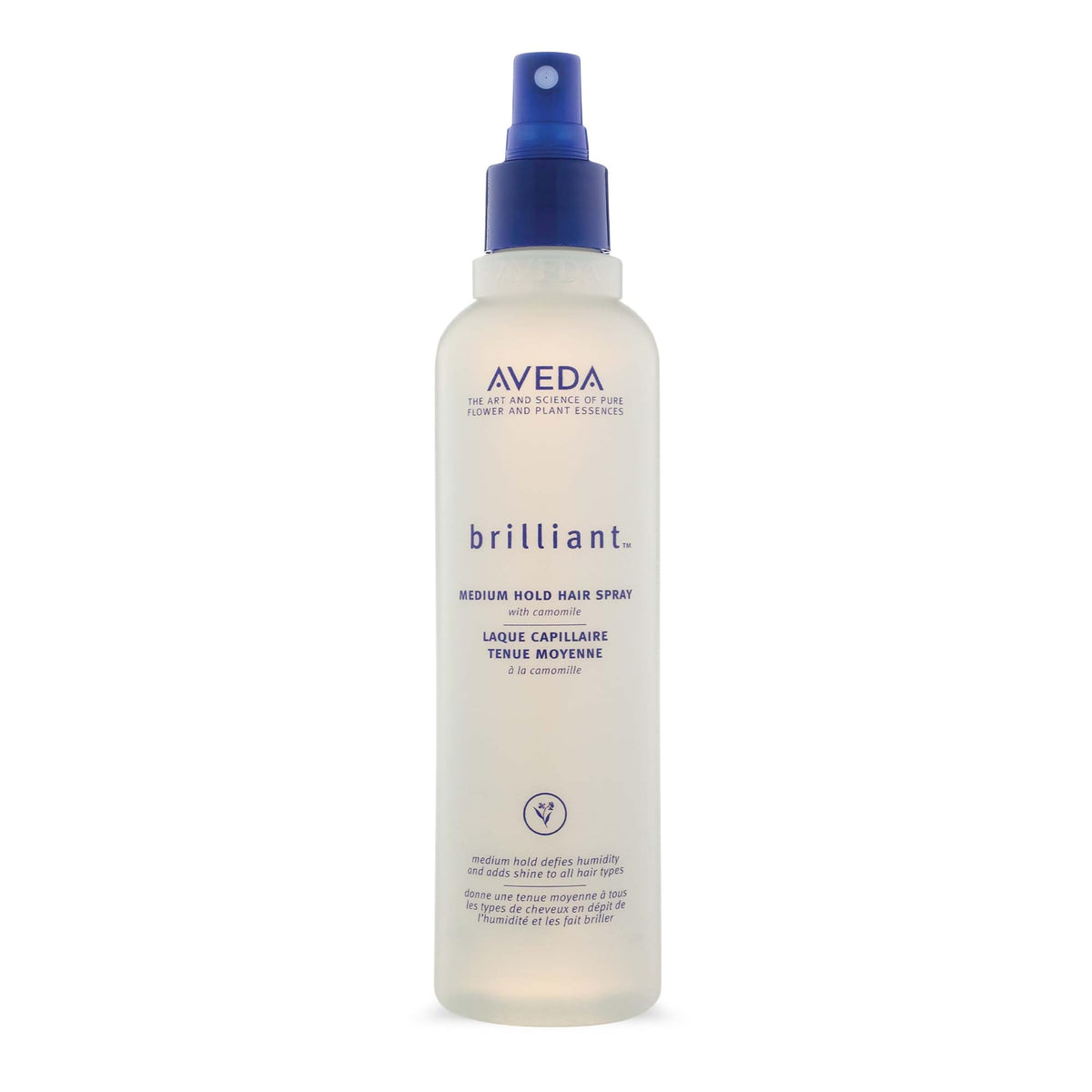 Aveda Brilliant Medium Hold Spray bottle front view showing brand and shiny finish for all hair types.
