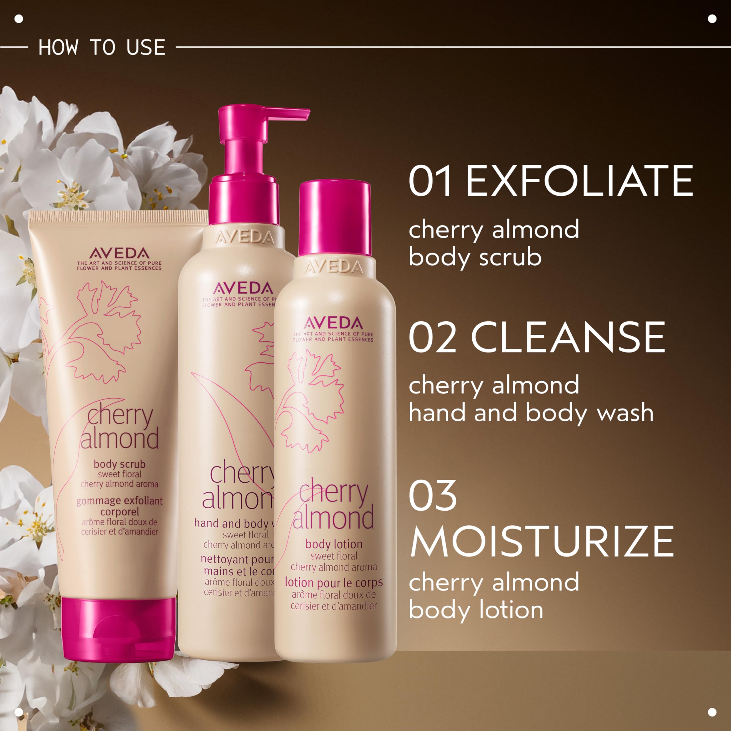 Shelf display of Aveda Cherry Almond Body care line on a bathroom shelf.