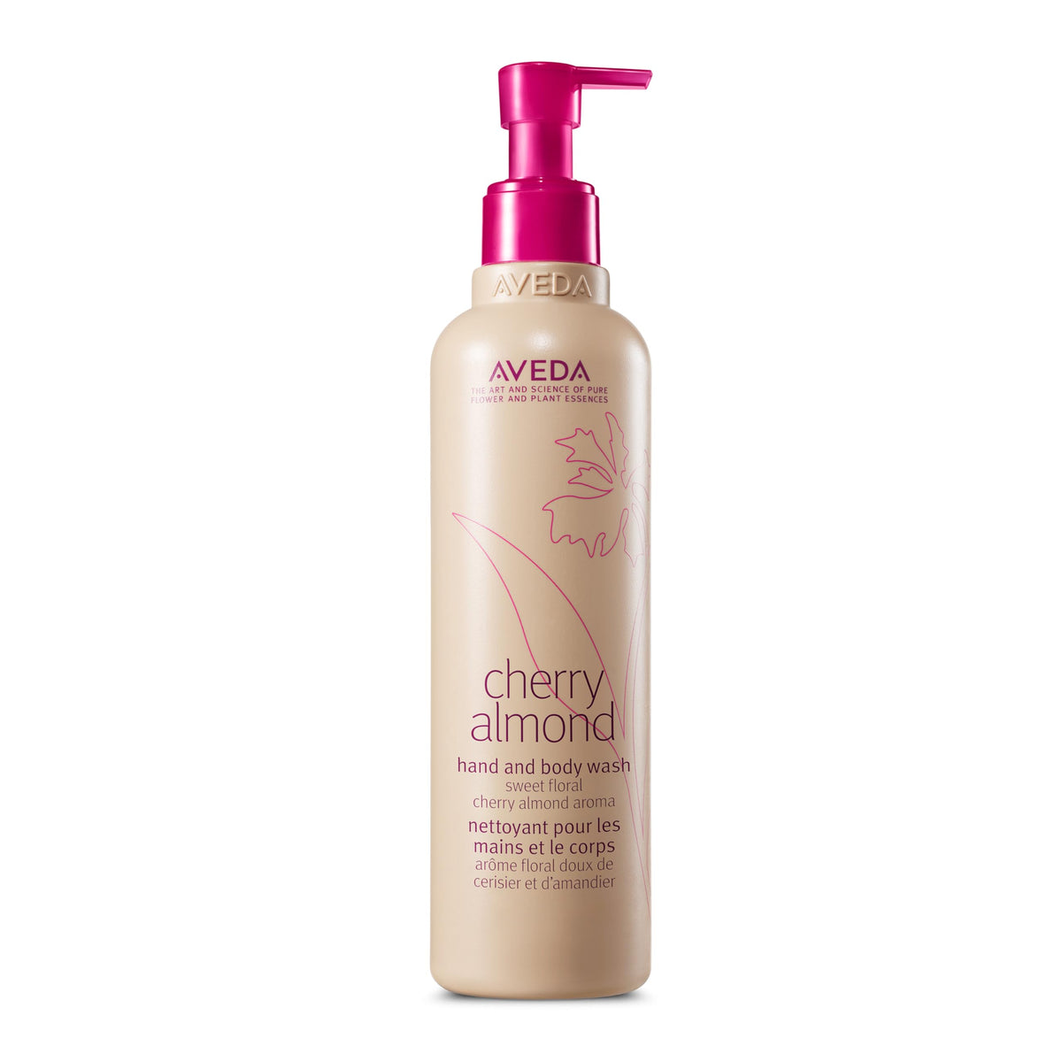 Aveda Cherry Almond Hand & Body Wash bottle on sink, gentle daily cleanse for hands and body.