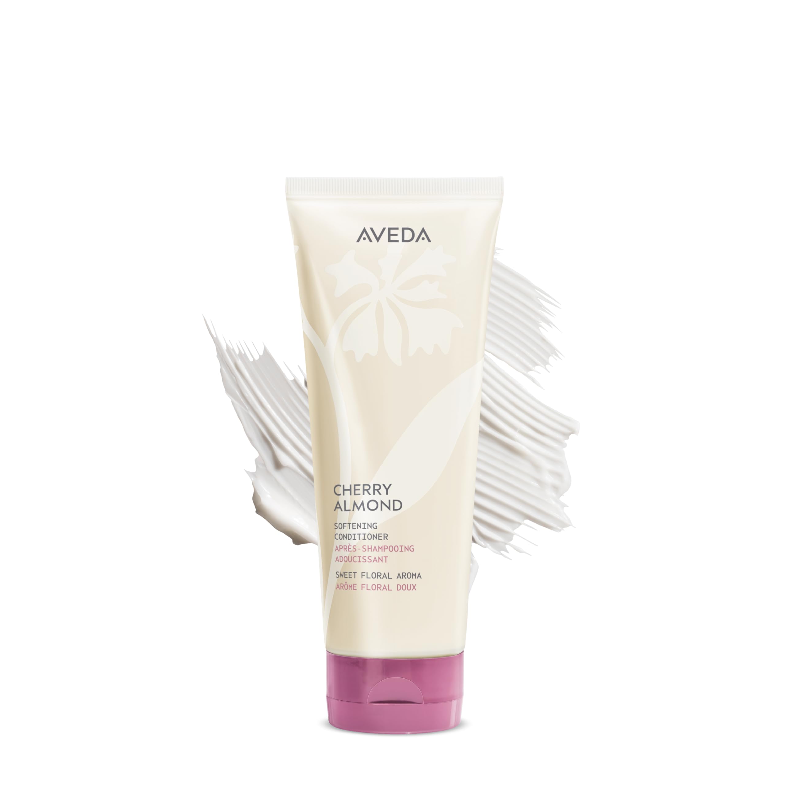 Aveda Cherry Almond Softening Conditioner bottle shows silicone-free formula for easy detangling.