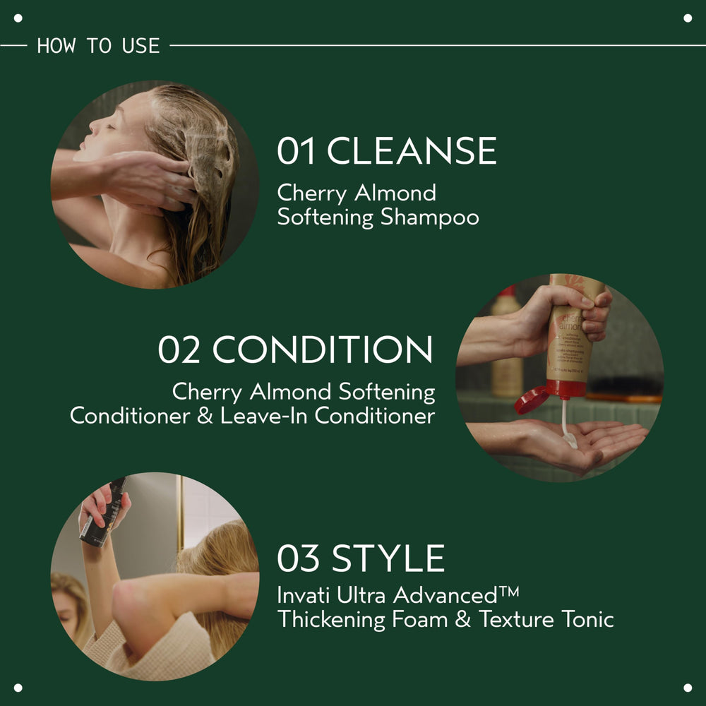 Aveda Cherry Almond Softening Conditioner highlights cherry blossom extract, almond oil, and shea butter.