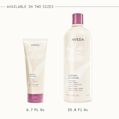 Aveda Cherry Almond Softening Conditioner packaging and ninety-eight-percent naturally derived ingredients claim