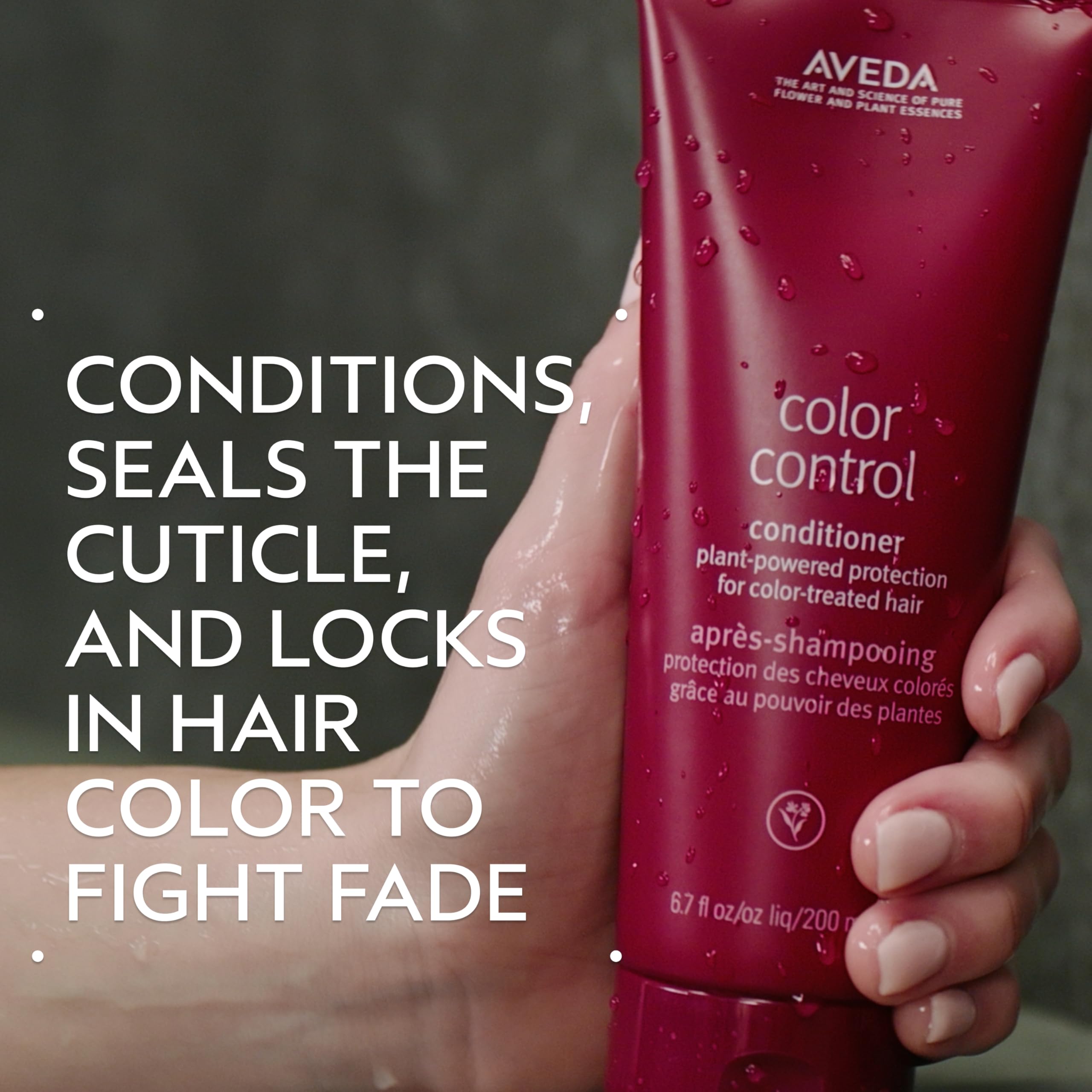 Aveda Color Control Conditioner pump-dispense demonstrates easy application for detangling.
