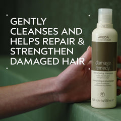 Aveda Damage Remedy shampoo lather closeup highlights cleansing and buildup removal.