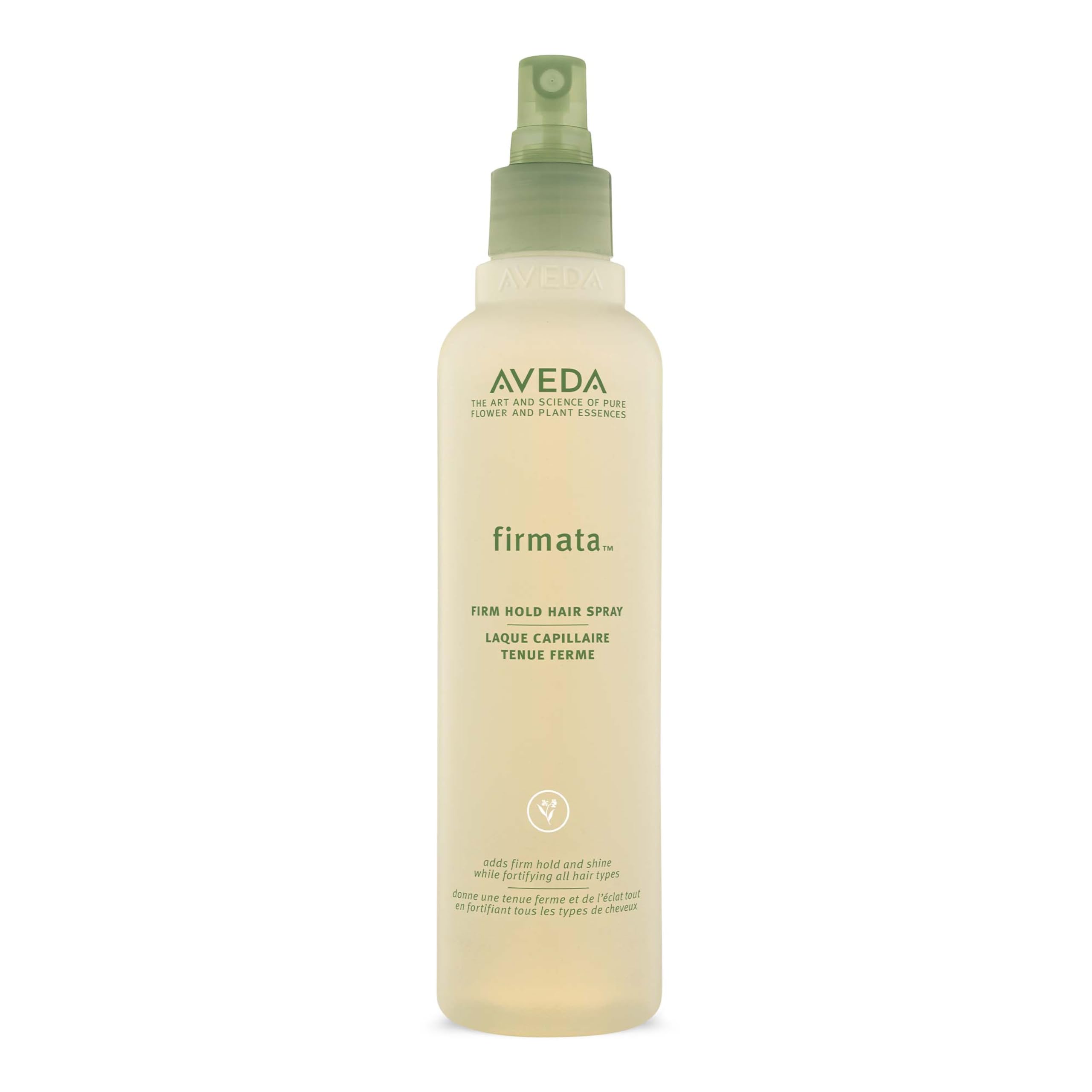 Aveda Firmata bottle showing firm hold and shine for lasting styles.