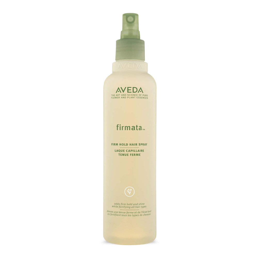 Aveda Firmata bottle showing firm hold and shine for lasting styles.