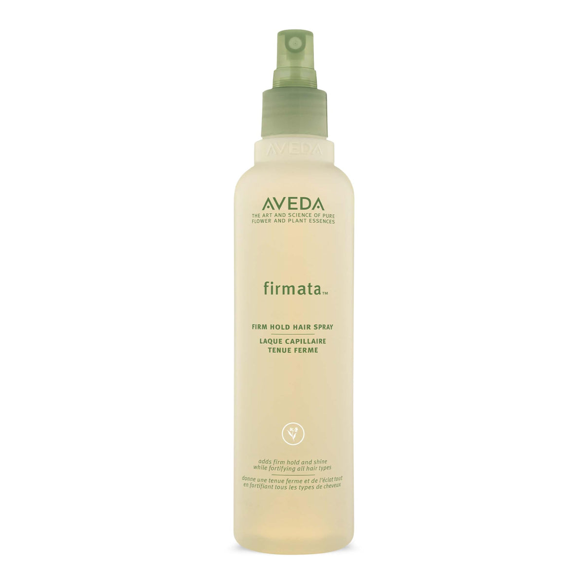 Aveda Firmata bottle showing firm hold and shine for lasting styles.