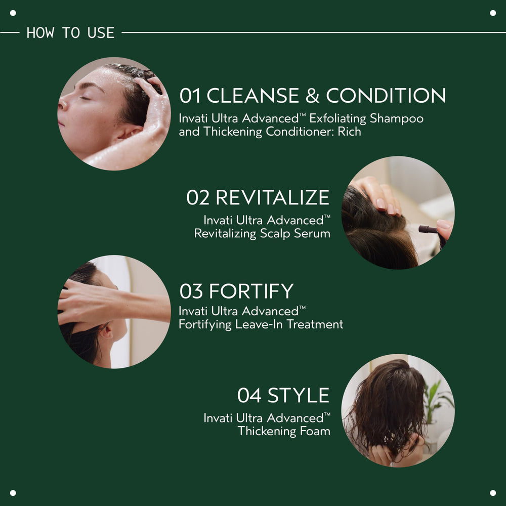 Instrucciones de uso con el champú exfoliante enriquecido para mayor grosor.