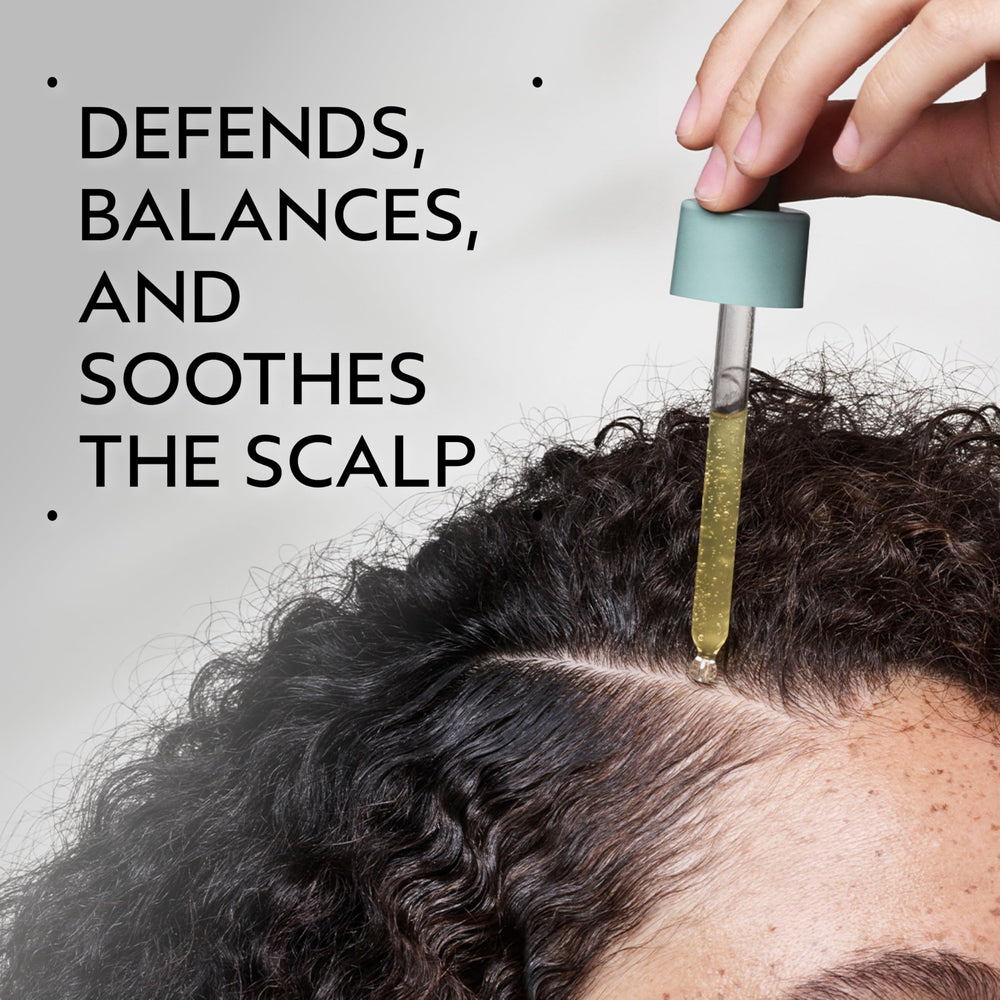 Aveda Lactobacillus ferment and ectoin illustration signaling balanced scalp microbiome and hydration.