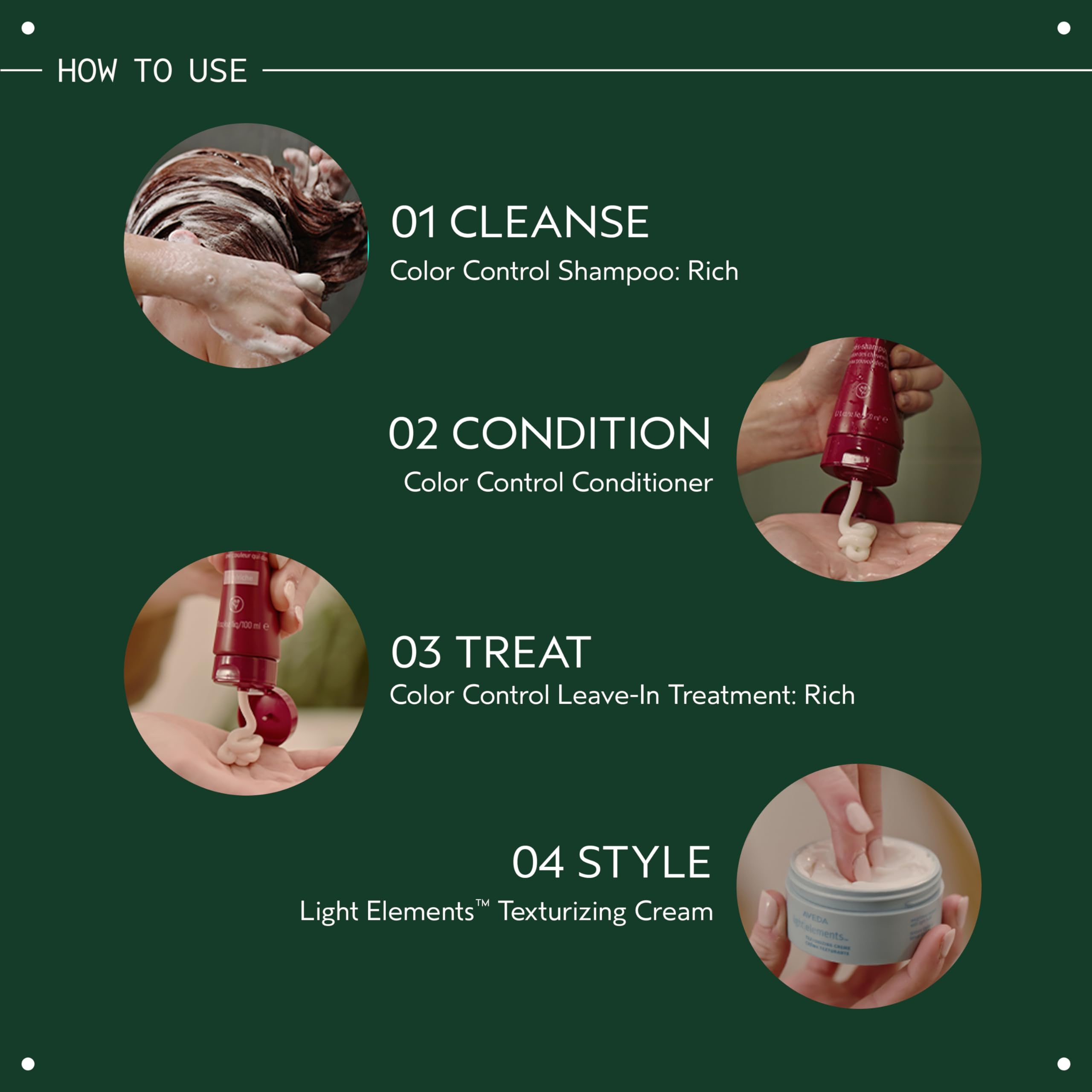 Hands apply Aveda Light Elements to reduce static during styling.