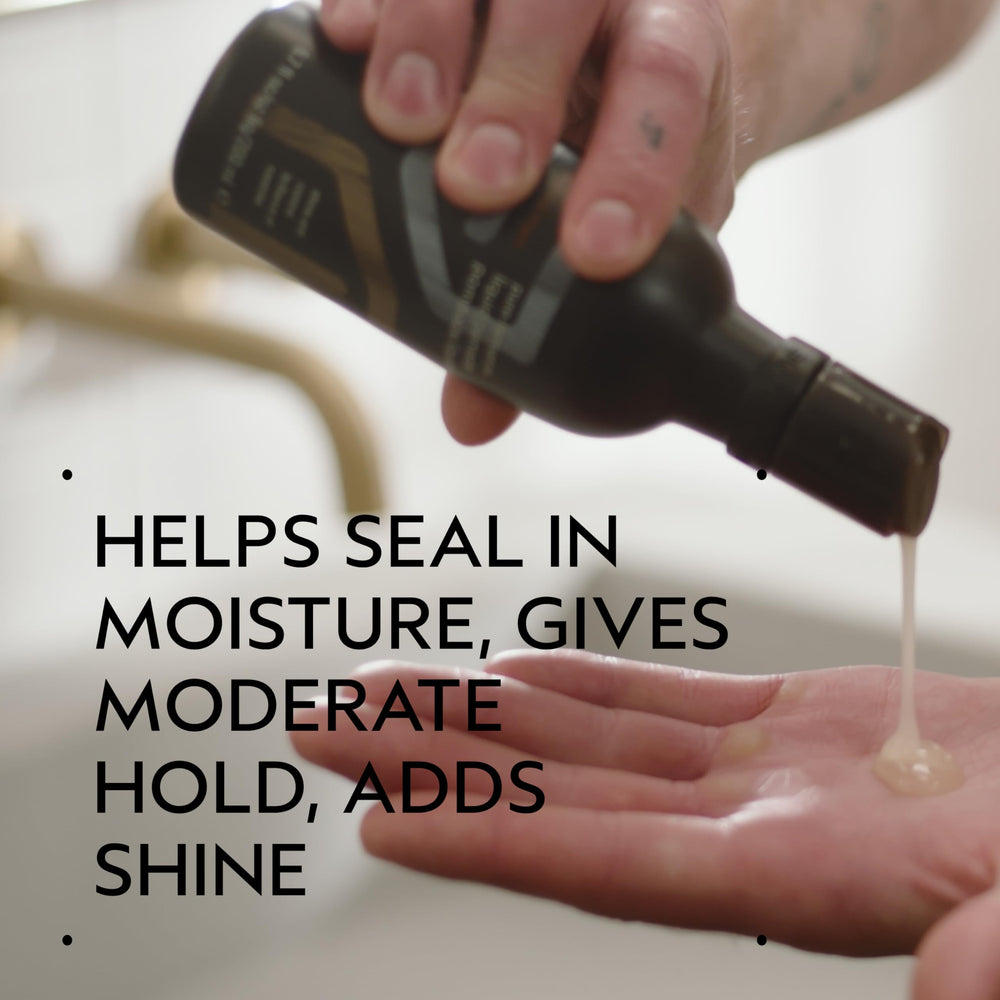 Aveda Men Pure-Formance Liquid Pomade hands-dispense demonstrates lightweight application