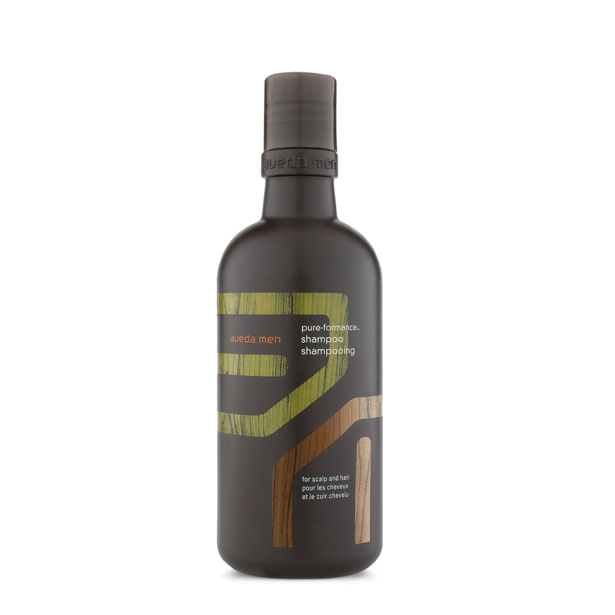 Aveda Men Pure-Formance Shampoo bottle refreshing the scalp and cleansing hair.