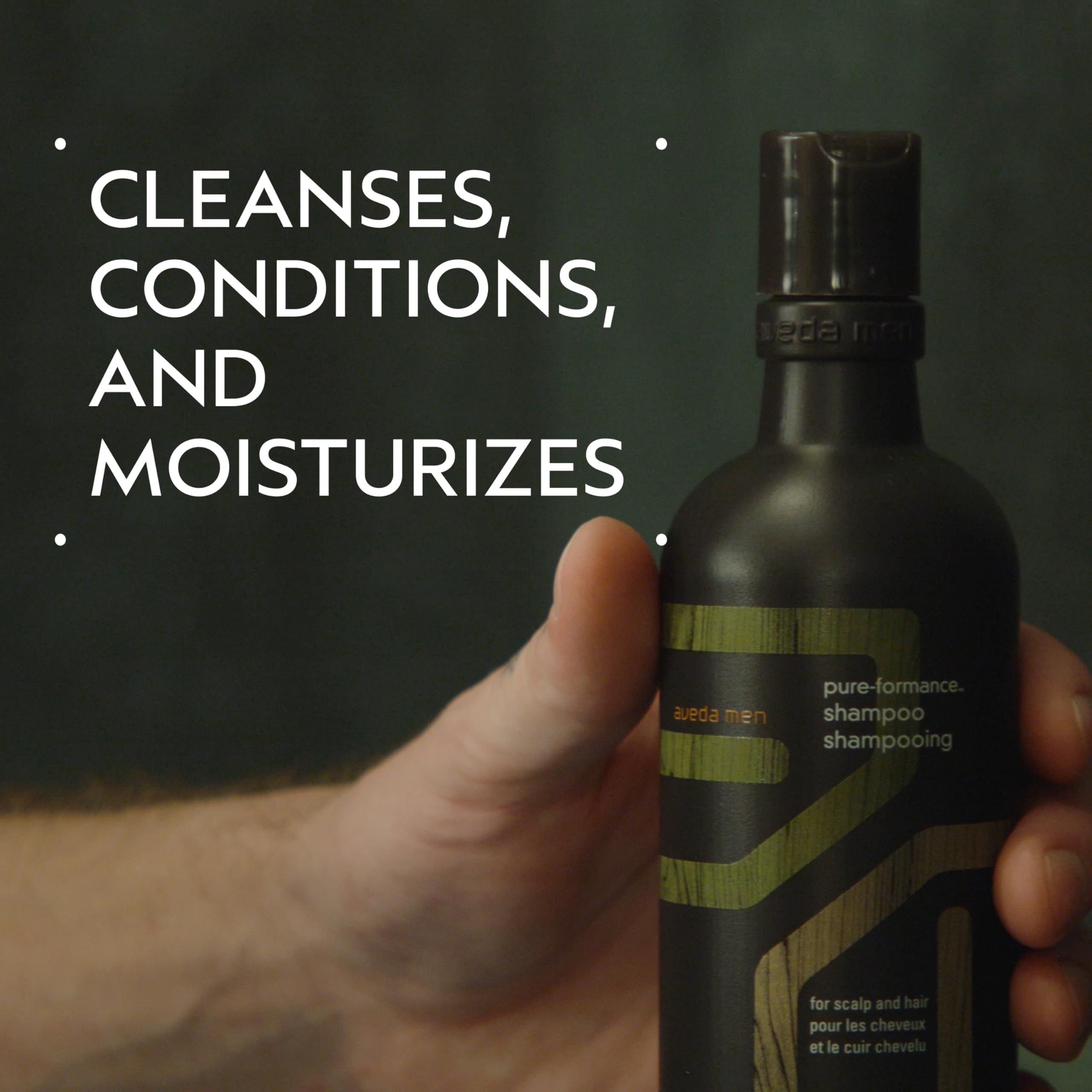 Close-up of the Aveda label highlighting 96% naturally derived formula.
