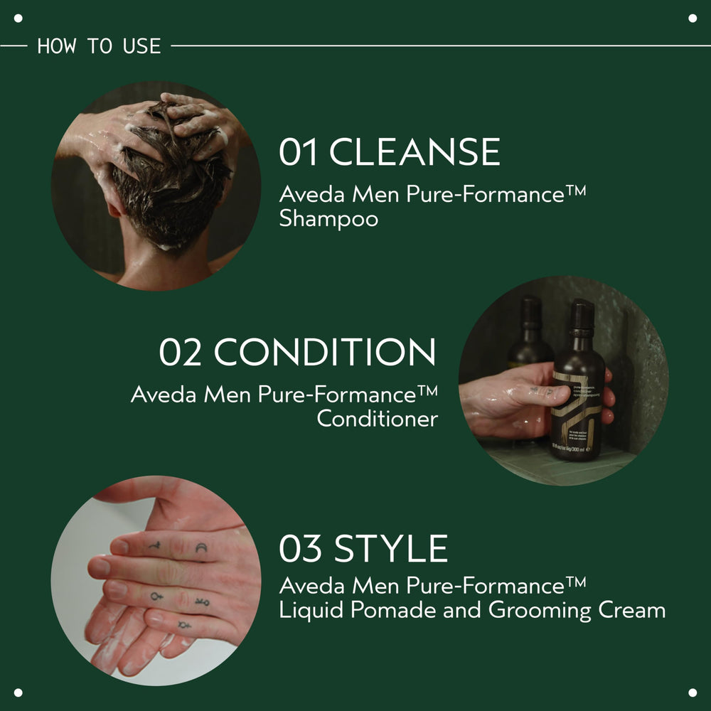 Aveda Men Pure-Formance Shampoo paired with conditioner for daily care.