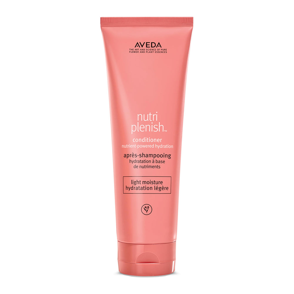 Aveda Nutriplenish Conditioner Light Moisture bottle close-up signaling hydration benefits for dry hair.