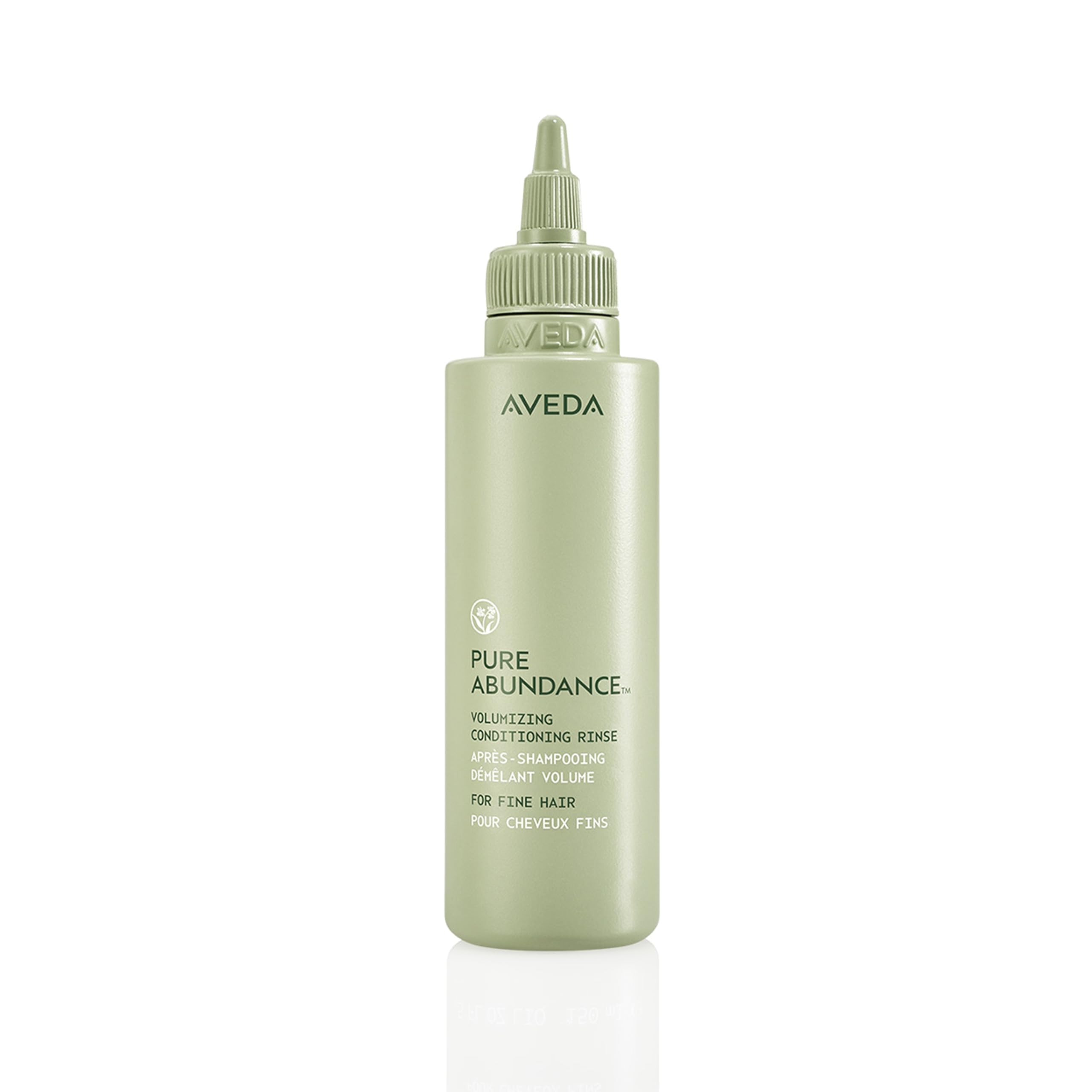 Aveda Pure Abundance conditioner bottle showing volume-boosting formula for fine hair.