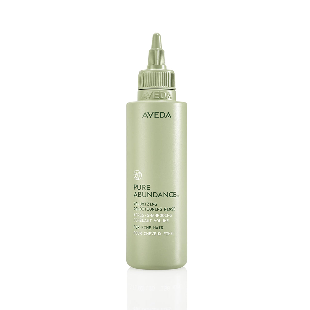 Aveda Pure Abundance conditioner bottle showing volume-boosting formula for fine hair.