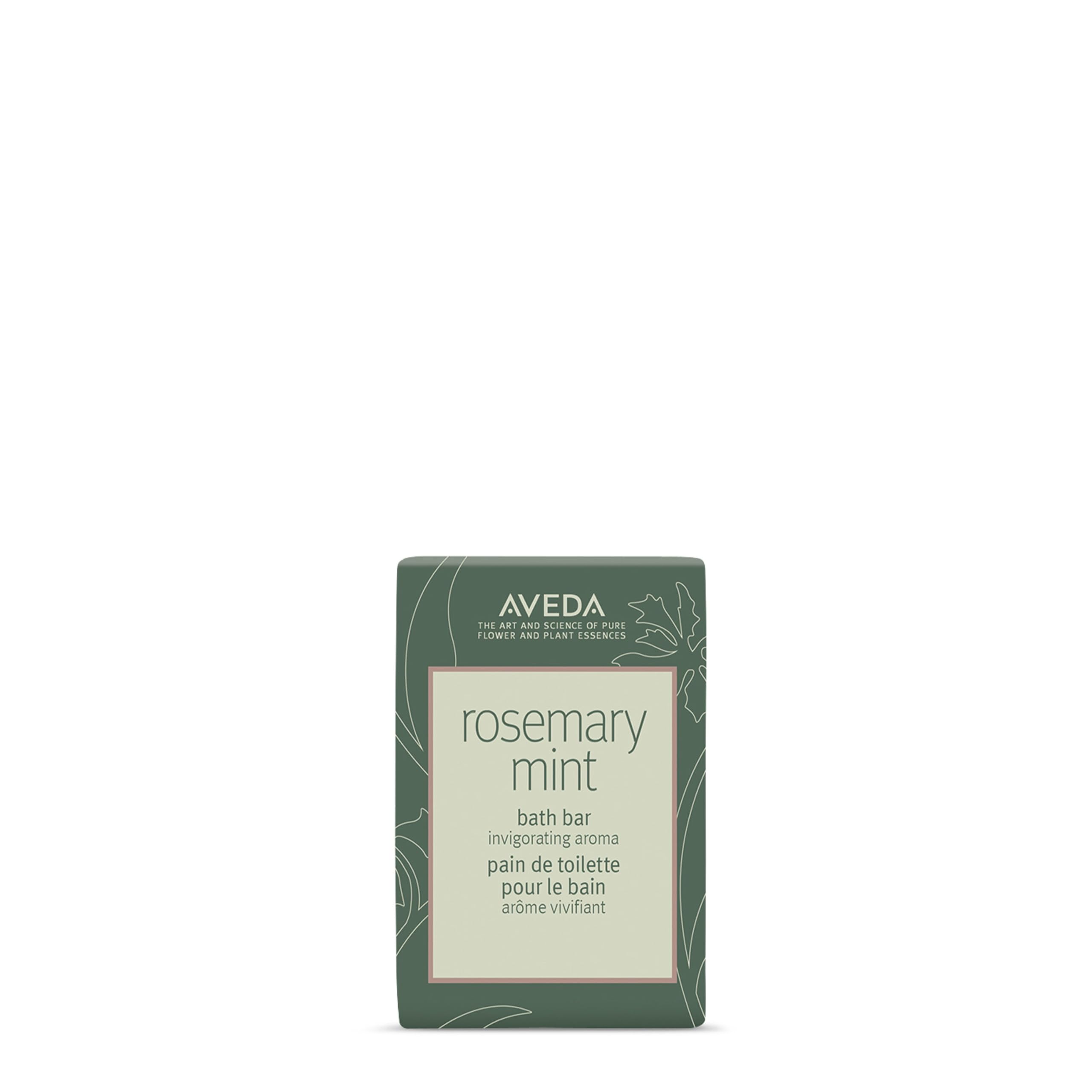 Aveda Rosemary Mint Bath Bar packaging highlights vegan formula and eco-friendly design.